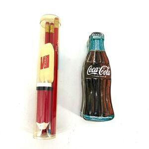 Vintage Coca Cola Stationery Set Bottle Tin Sharpener Pencils Pen Eraser Red